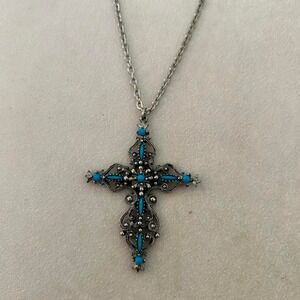 Y2K deadstock chunky sterling silver cross necklace with central turquoise gem